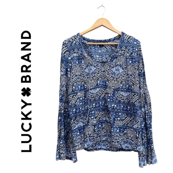 Lucky Brand Tops - LUCKY BRAND Bell Sleeve Tie Neck Knit Top Blue White Elastic Hem Boho Women's M